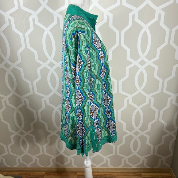 Tory Burch Tory Tunic Top 14 Green Print Ribbon Trim Cotton Long Sleeve Euc - Picture 6 of 10